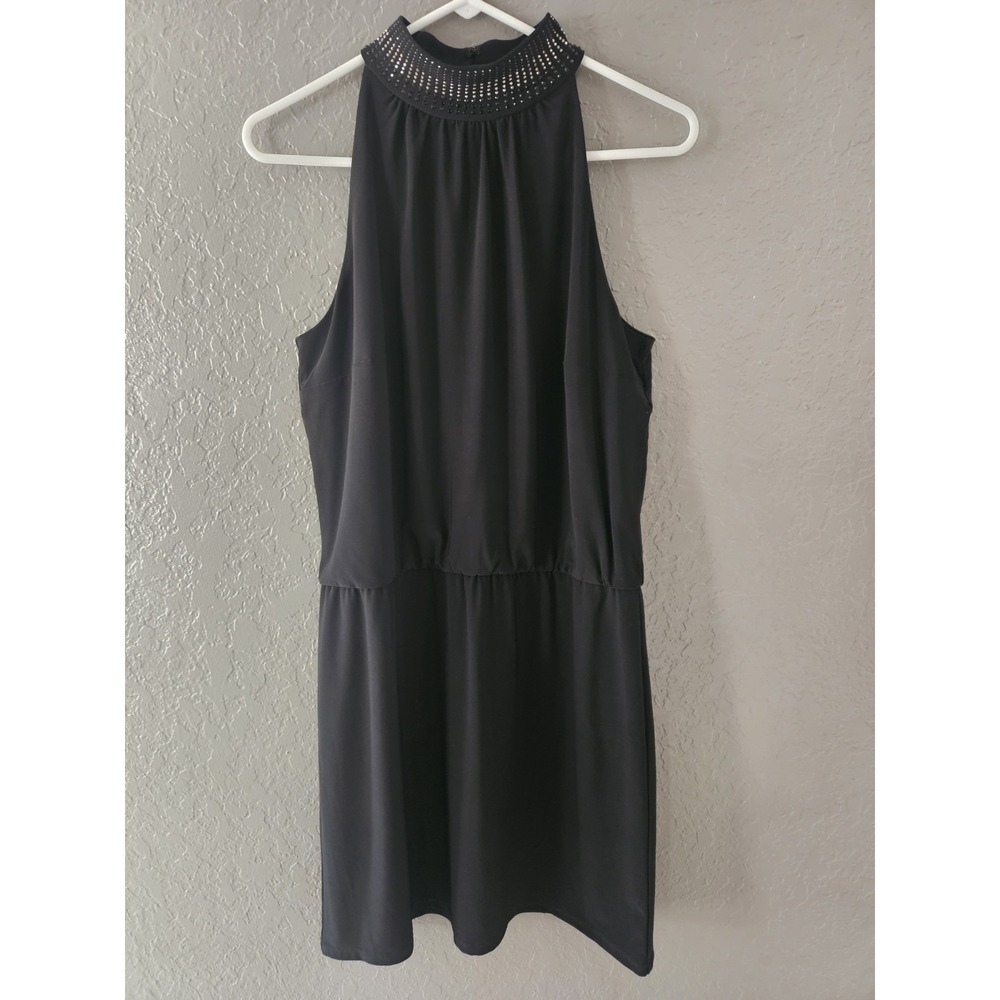 White House Black Market Beaded Halter Dress Black Blouson Mini Cocktail Party M